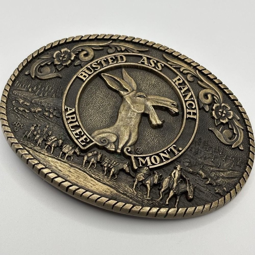 Vtg 80s ADM Busted Ass Ranch Montana Solid Brass Belt Buckle Western Humor Rodeo